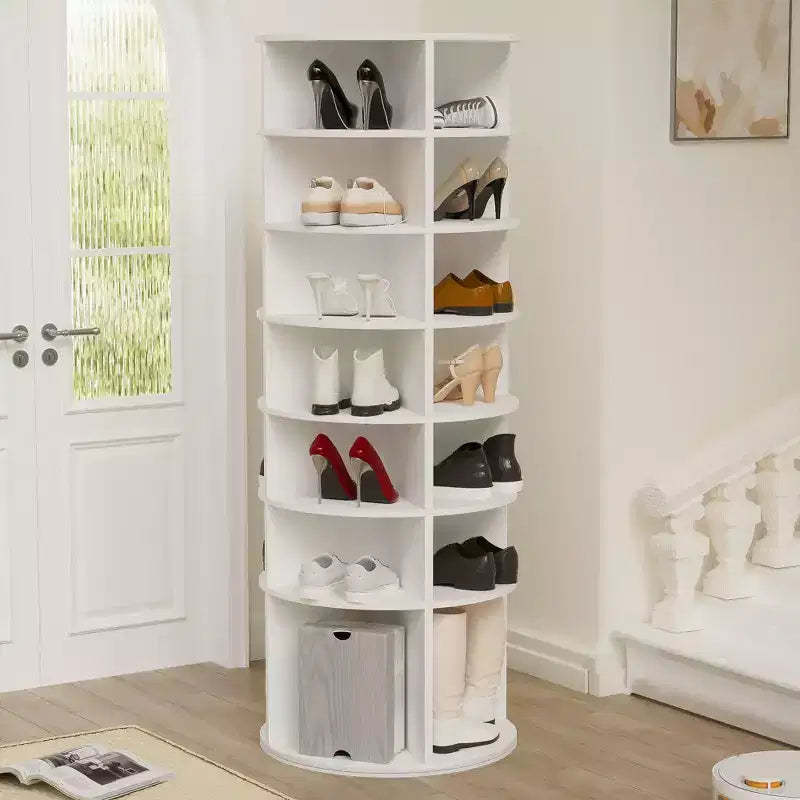 JVNOXK7-Tier Rotating Shoe Rack Tower, Freestanding 360 Rotating Storage Stand, Elevated Base Design Shoe Tower with Rotating Storage Tray - White