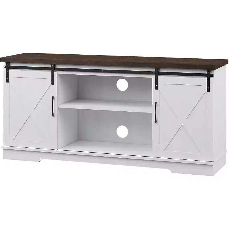 Farmhouse TV Stand for Televisions up to 65 Inches, Entertainment Center with Sliding Barn Doors, Storage CabinetsAdjustable, White & Brown