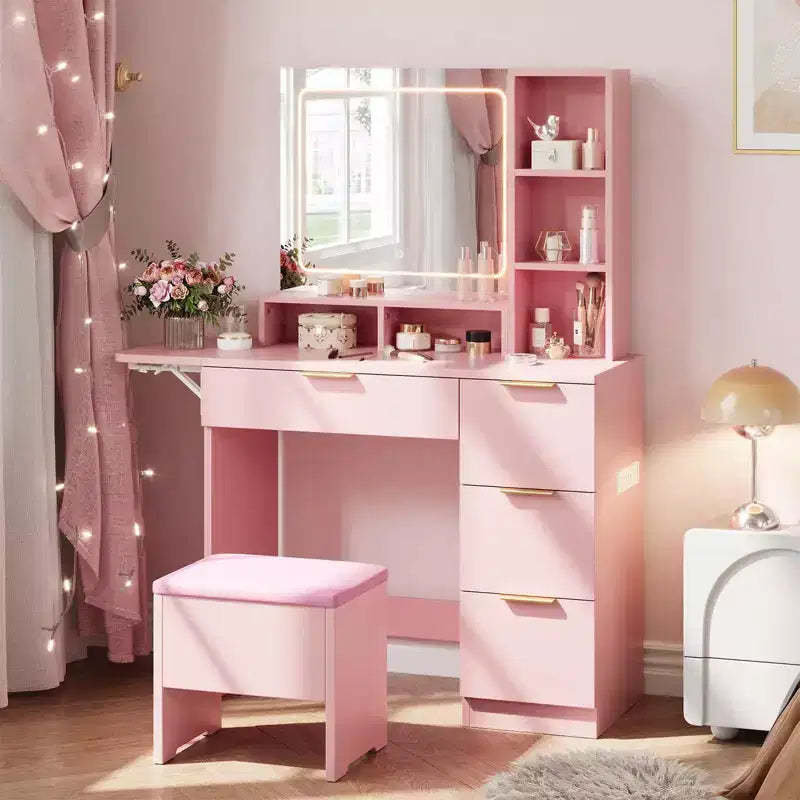 DAY & NIGHT 54.7 Lighted Vanity Desk Combo with Storage Stool, Drawers, Open Shelves 3-Tone Mirror, 4 Drawers, Power Stool & Metal Frame, Pink