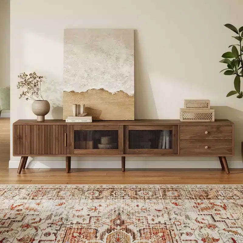 76 Inch Modern Minimal Glass-Doors TV Stand for TVs up to 85 Inches with Storage Cabinets for Living Room Bedroom