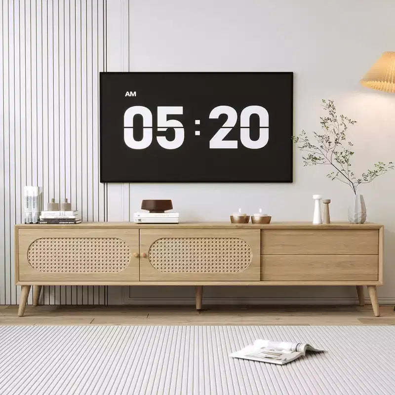 70.8 Inch Natural TV Stand for TVs up to 80 Inches Media Console with Solid Wood Legs for Living Room Home Theatre