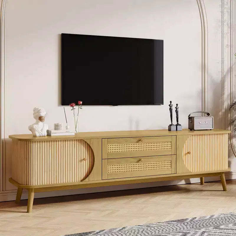 66.93 Inch Natural Rattan TV Stand for TVs up to 75 Inches Media Console with Solid Wood Legs for Living Room Home Theatre