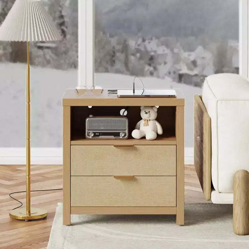 2 Drawer Nightstand with Charging Station Storage Shelf Natural Oak Wood Bedside Table Modern Farmhouse End Table USB Bedroom Furniture