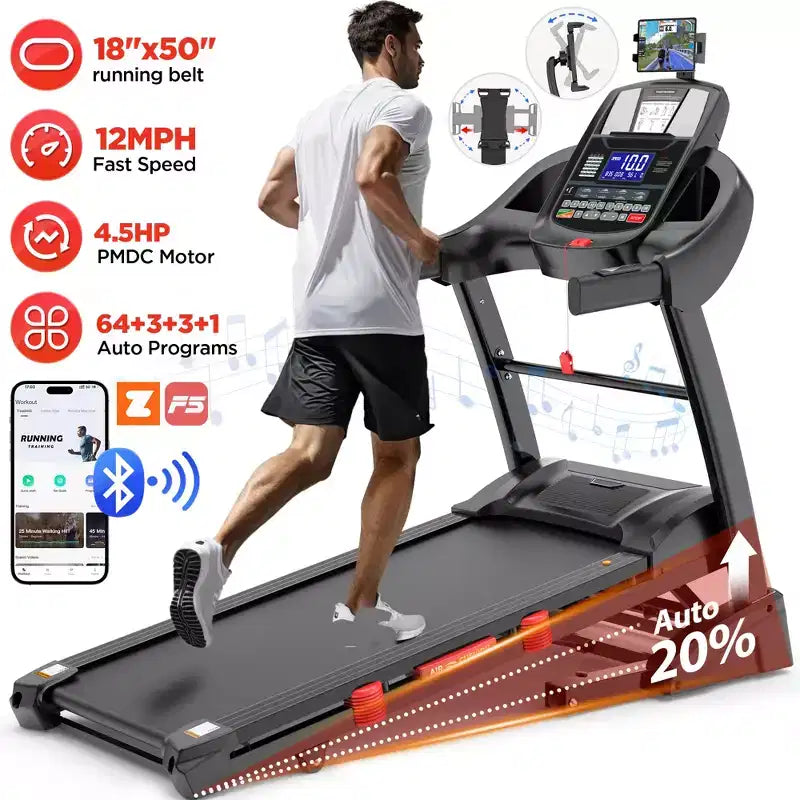 Treadmill with Auto Incline, Running Treadmills for Home, Folding Treadmill with Handle Bars, Speaker, Treadmill 300 lb Capacity