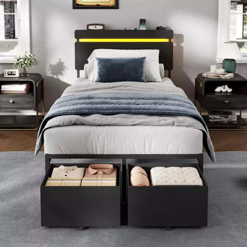 Black Twin Bed Frame with Storage Drawers and Shelf Built in Charging Station LED Lights Metal Platform Support Wood Headboard Industrial