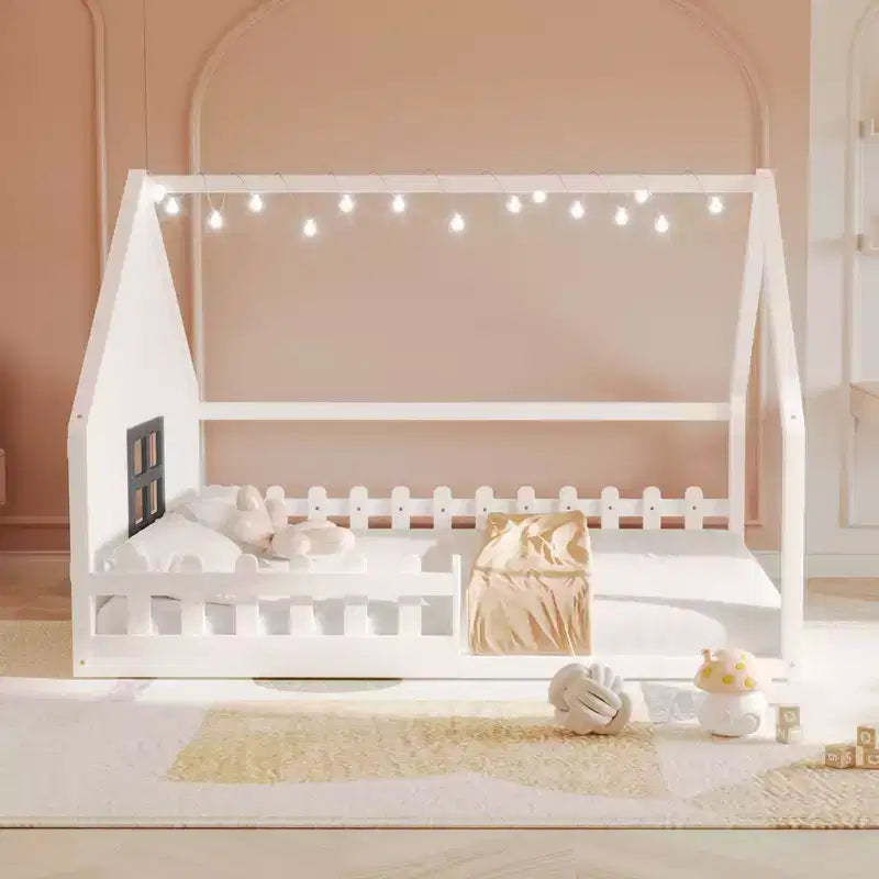 TUYOHW House Bed with LED Lights,Solid Pine Wood Montessori Floor Bed with Slats Support & Safety Guardrail,Full Size Kids Low Profile Bed