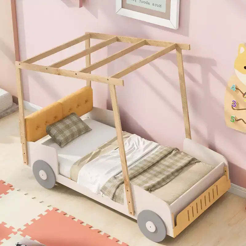 TUYOHW Twin/Full Size Car Bed with Piillow & Ceiling Cloth,Natural Canopy Bed for Kids,Solid Pine Wood Montessori Platform Bed with Slats Support