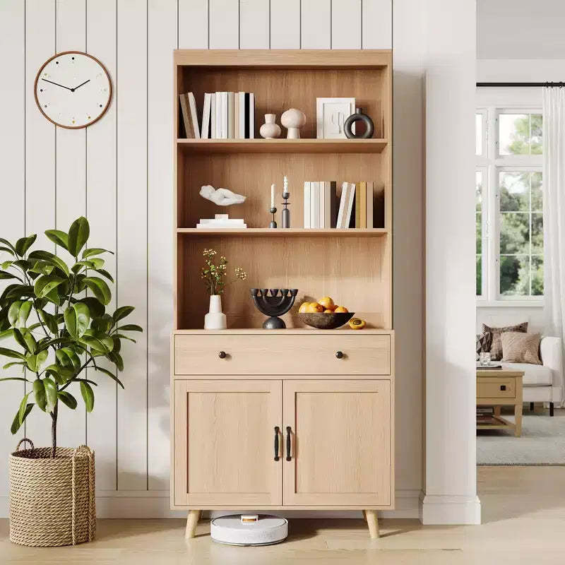 Tall 6-Tier Bookshelf & Bookcase with Doors & Drawer, Storage Cabinet with Open Shelves, 72.4 Freestanding Wood Bookshelf for Living Room, Bedroom
