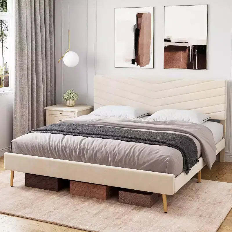 Beige King Size Platform Bed with Adjustable Headboard, Plush Fabric Bed Frame No Box Spring Needed, Quiet Design Easy Assembly