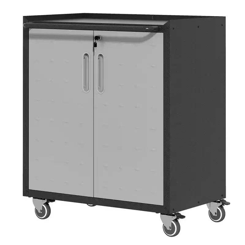 VIYET 34H Heavy-Duty Steel Garage Cabinet with Wheels & Lock - Adjustable Shelves, Black+Gray Diamond-Plate Design (Garage/Home/Office/Workshop)