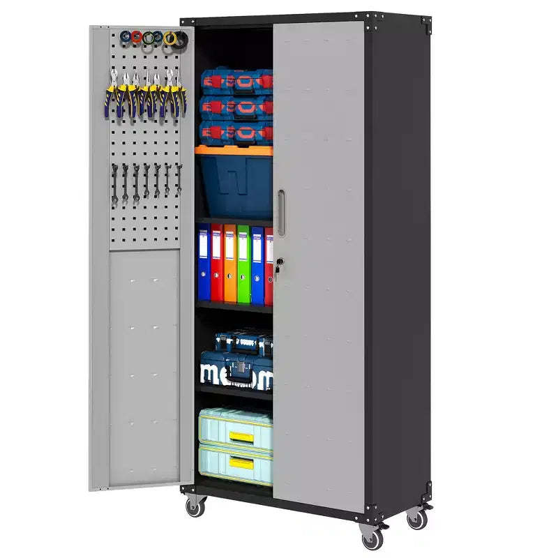 VIYET 71H Heavy-Duty Steel Garage Cabinet with Wheels & Lock - Adjustable Shelves, Hinged Doors, Mobile Organizer for Garage/Home/Office/School