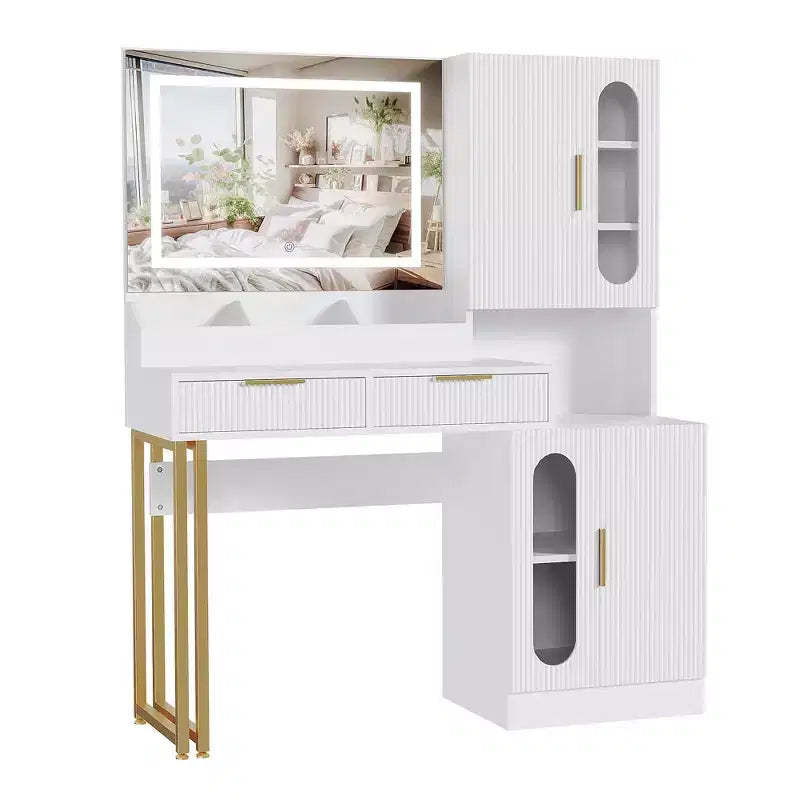 GustoWave Vanity Desk with Mirror, Fluted Modern Makeup Table, Drawers & Cabinets, 3-Color LED Lighting, Large Storage Capacity