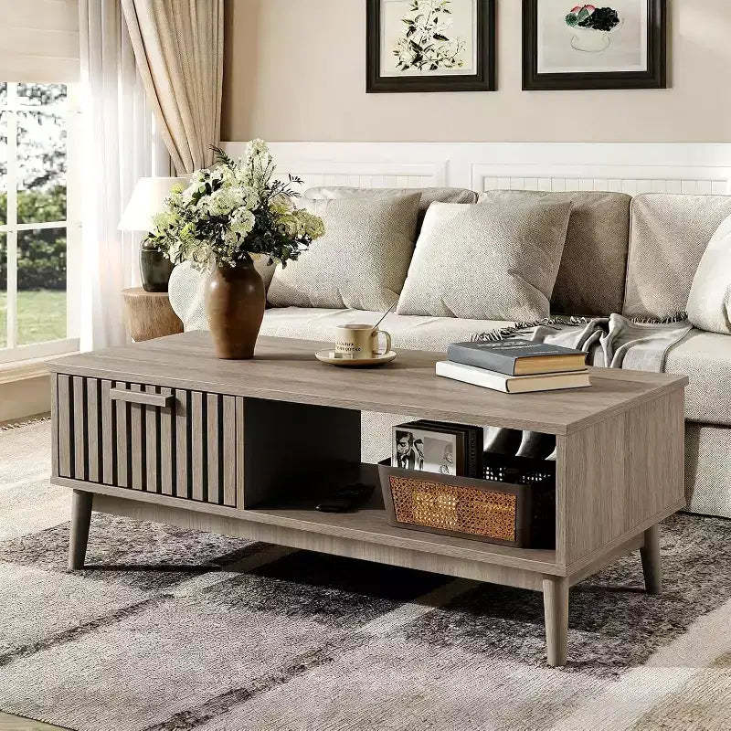 39.4 Mid Century Modern Coffee Table with Storage, 2-Tier Fluted Rectangle Center Table with Drawer, Open Shelf & Wood Legs for Living Room