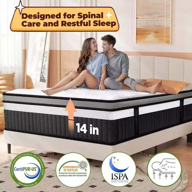 Queen Mattress, 14 Inch Gel Memory Foam Hybrid Mattress in a Box, Cooling & Breathable Design, Zoned Pressure Relief, Medium Firm Feel