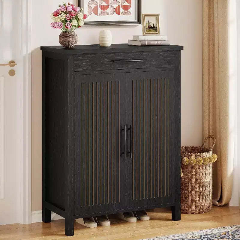 Lantine 5-Tier Shoe Storage Cabinet with Louvered Doors and Drawer, Shoe Rack Organizer with Adjustable Shelves for Entryway, Hallway, Closet, Black