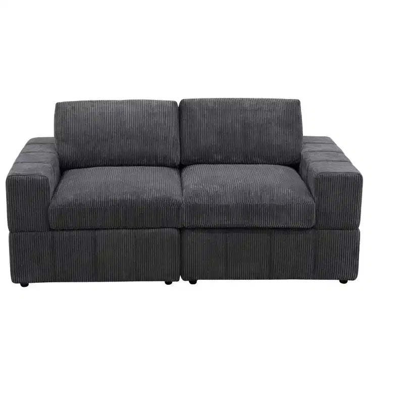Gray Corduroy Living Room Double Armrests 2-Piece Loveseat Sofa