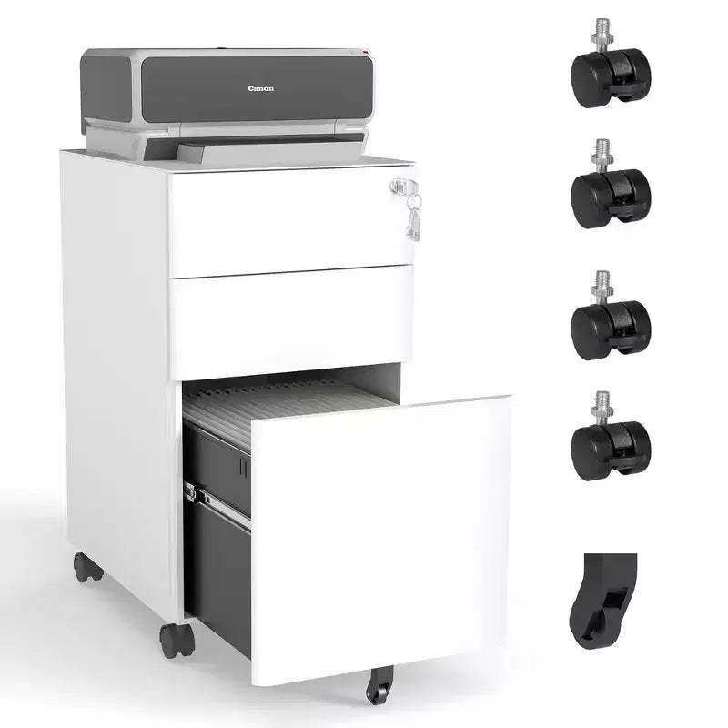 VIYET 3-Drawer Mobile File Cabinet with Lock - All-Steel Anti-Tip Design, Shallow + Deep Drawer, White for Office/Home (Fits A4/Letter)