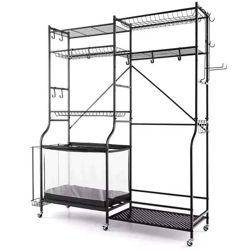 Gymax Sports Gear Organizer w/ Yoga Mat Holder Ball Basket & Adjustable Shelves & Lockable Swivel Wheels for Garage Gym Basement