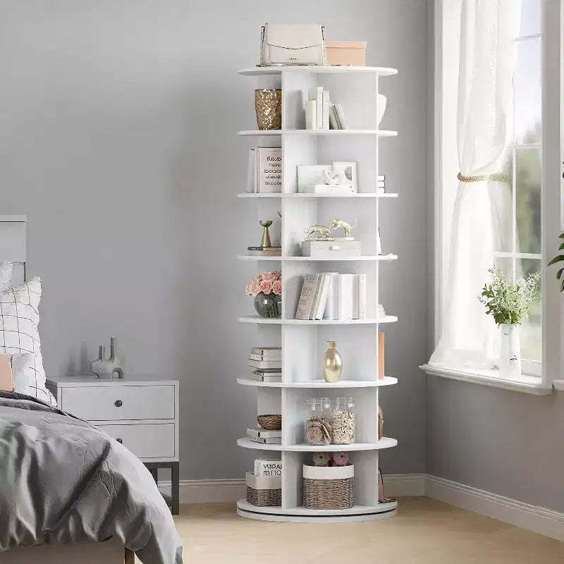 7-Tier Rotating Shoe Rack Tower, 360 Revolving Shoes Organizer with 28-32 Pairs Storage, White Free-Standing Spinning Shoe Display Carousel