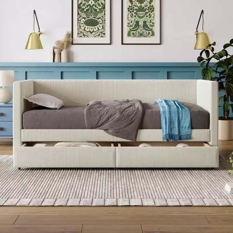 MAYEERTY Twin Size Corduroy Daybed, 2 Drawers Wood Slat, Bedroom, Beige