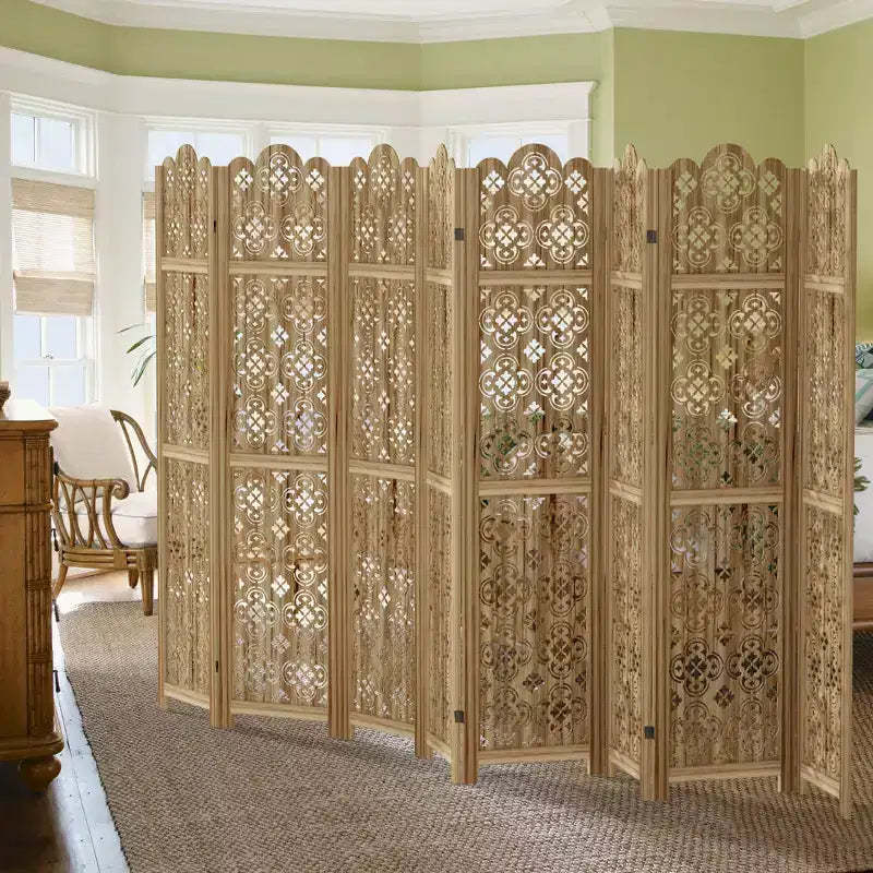 PexFix Carved Room Divider Folding Screen Room Divider with Copper Coin Pattern for Home Office Garden Terrace Paulownia Wood