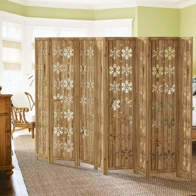 PexFix Room Divider Folding Screen Room Divider with Snowflake Pattern for Home Office Garden Bedroom Paulownia Wood