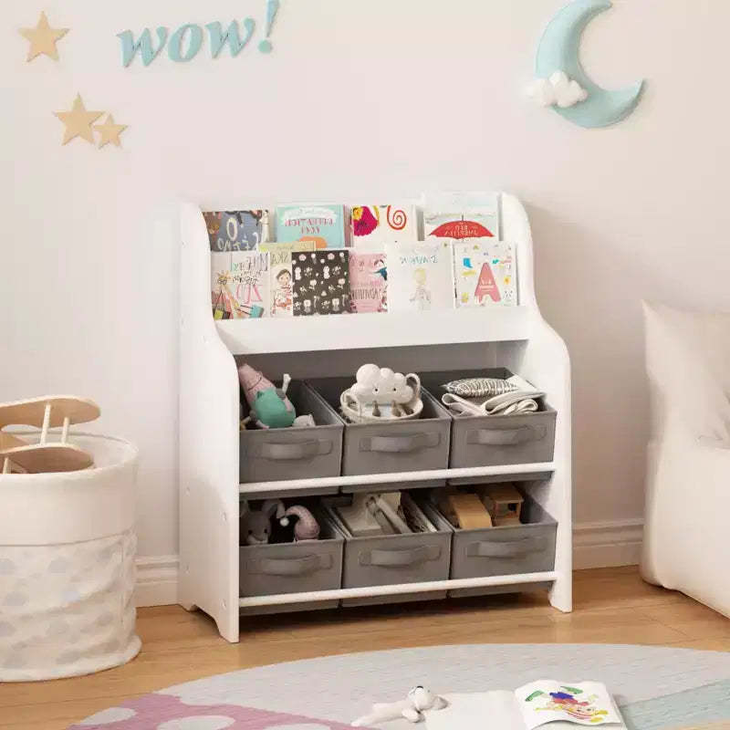 Kids Bookshelf with 6 Fabric Storage Bins, Multi-Functional Children's Bookcase and Toy Organizer, Front-Facing Display Shelf White & Gray