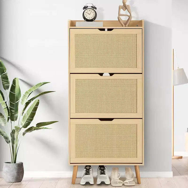 Slim Shoe Storage Cabinet with Doors - Space-Saving Narrow Organizer for Entryway, Closet & Bedroom, Modern Rattan Shoe Rack