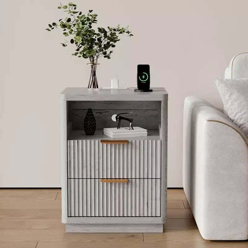 Fluted Nightstand with Charging Station, Mid Century Modern Fluted Nightstand, 2 Drawers Wooden Night Stand, Modern End Table with Curved Corners