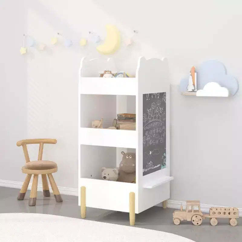 Kids Bookshelf with Chalkboard Side  Bear-Shaped Wooden Bookcase with 3-Tier Storage, Drawing Board for Toddlers, Toy and Book Organizer White