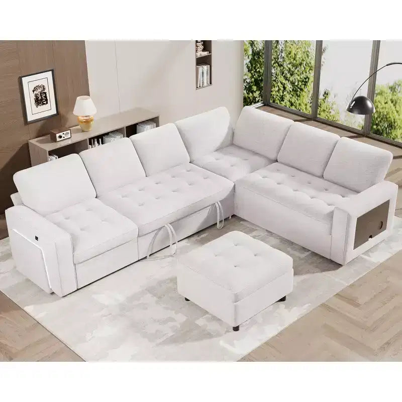 Dyonery 7 Seat L Shaped Sleeper Sofa Bed with Pull Out Bed, USB Ports, LED Light, Reclining Backrest, Side Table & Ottoman, Chenille Couch