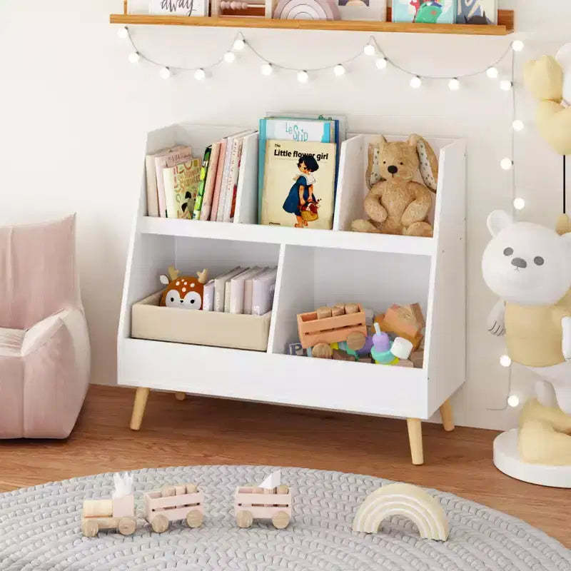 Kids Bookshelf and Toy Organizer, 5 Cubbies Wooden Open Bookcase, 2-Tier Baby Storage Display Organizer with Legs, Free Standing White