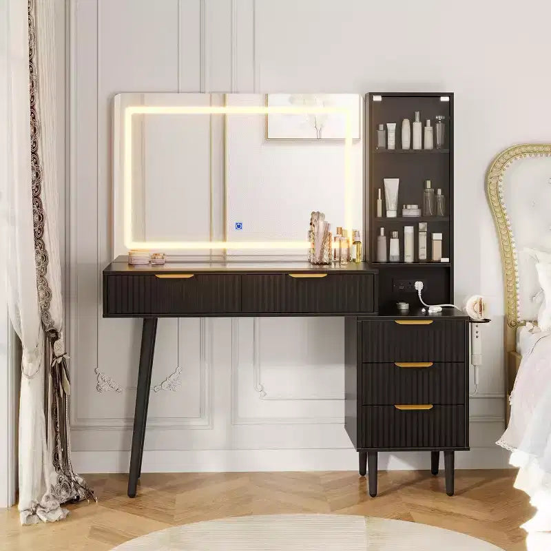 48 Fluted Makeup Vanity Set with 36 LED Mirror, 3 Lighting Modes & Built-in Outlets, 5-Drawer Storage & Glass Top Dressing Table for Bedroom,Grey