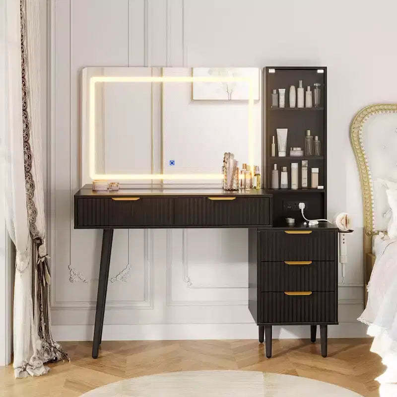 48 Fluted Makeup Vanity Set with 36 LED Mirror, 3 Lighting Modes & Built-in Outlets, 5-Drawer Storage & Glass Top Dressing Table for Bedroom,Grey