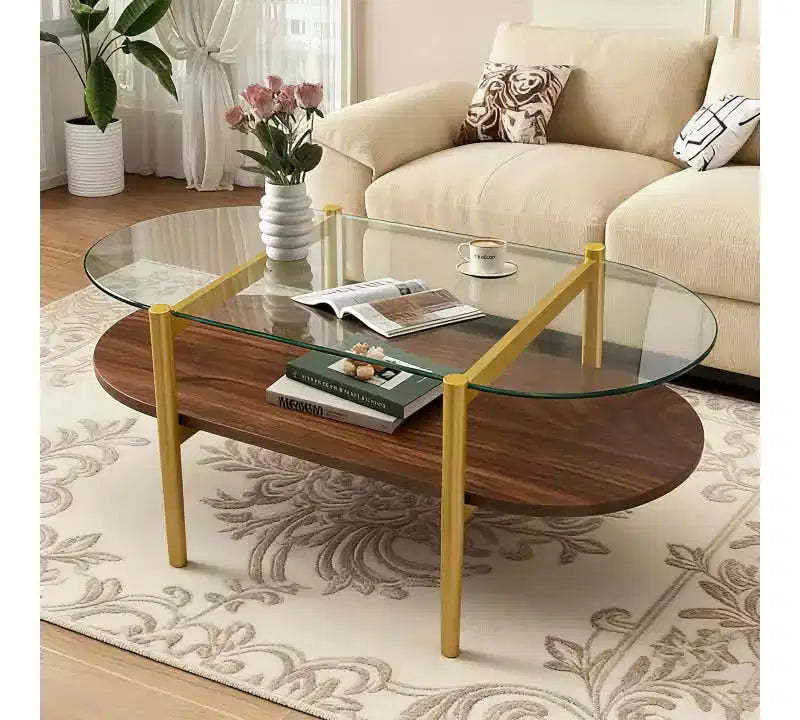 MAYEERTY Oval Shaped Glass Coffee Table with Double Layer Transparent Glass Coffee Brown MDF for Living Room