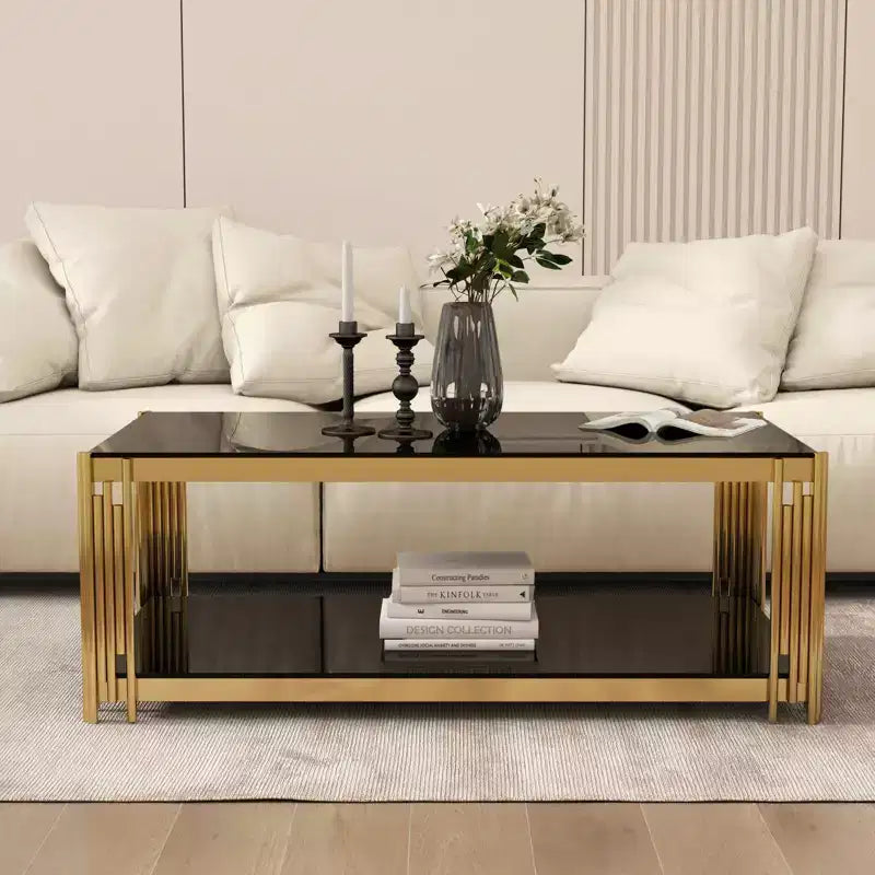 MAYEERTY 47 inch Rectangle Glass Double Layer Cofee Table, Black Modern Table with Tempered Glass Tabletop Stainless Steel Legs