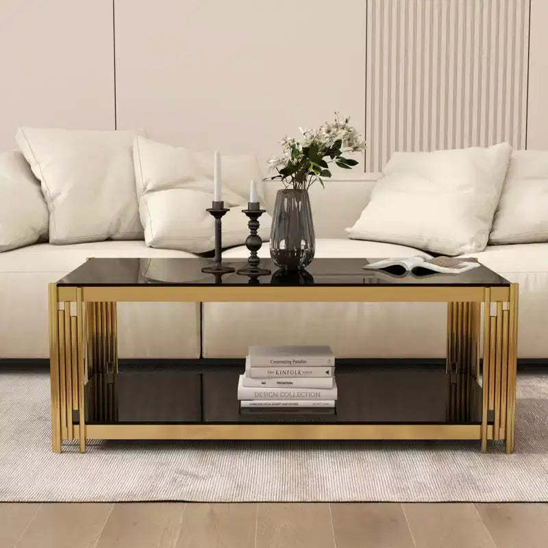 MAYEERTY 47 inch Rectangle Glass Double Layer Cofee Table, Black Modern Table with Tempered Glass Tabletop Stainless Steel Legs