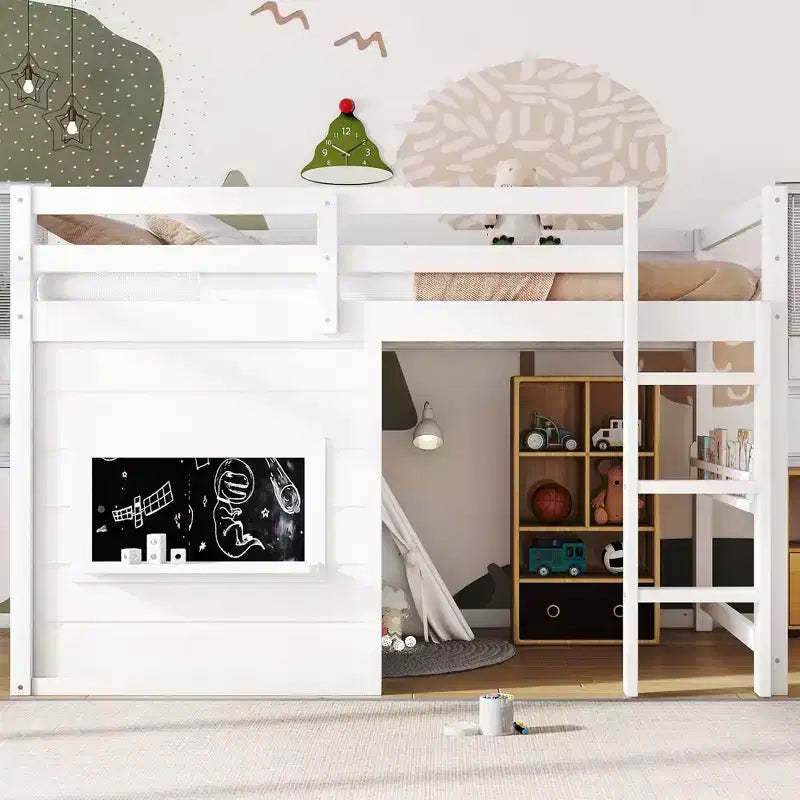 TUYOHW Kids Loft House Bed with Chalkboard,Twin/Full Wood Bed Frame with Play Space & Built-in Bookshelf,Pine Wood Cabin-Style Bunk for Boys,Girls