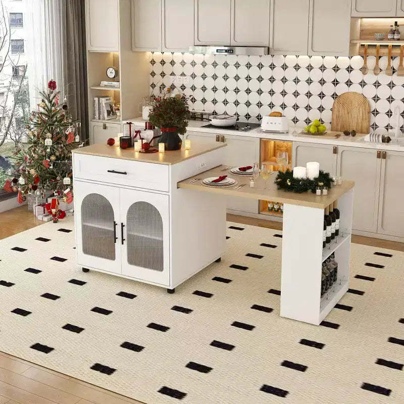 JVNOXK80-inch Expandable Mobile Cart Kitchen Island with Dining Table, 2 Drawers, Solid Wood Grain Countertop with Power Outlet, White