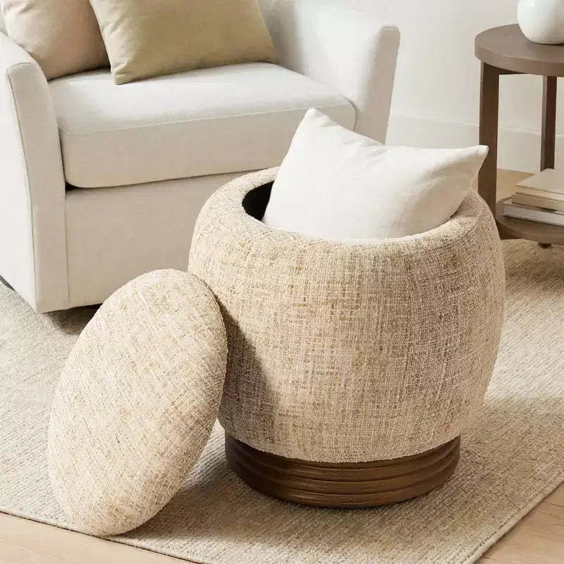 Bekrvio Round Storage Ottoman with Flip-Top Lid,Lambswool/Chenille Upholstered Footrest w/ Solid Acacia Wood Frame(500 lb),Living Room Accent Ottoman
