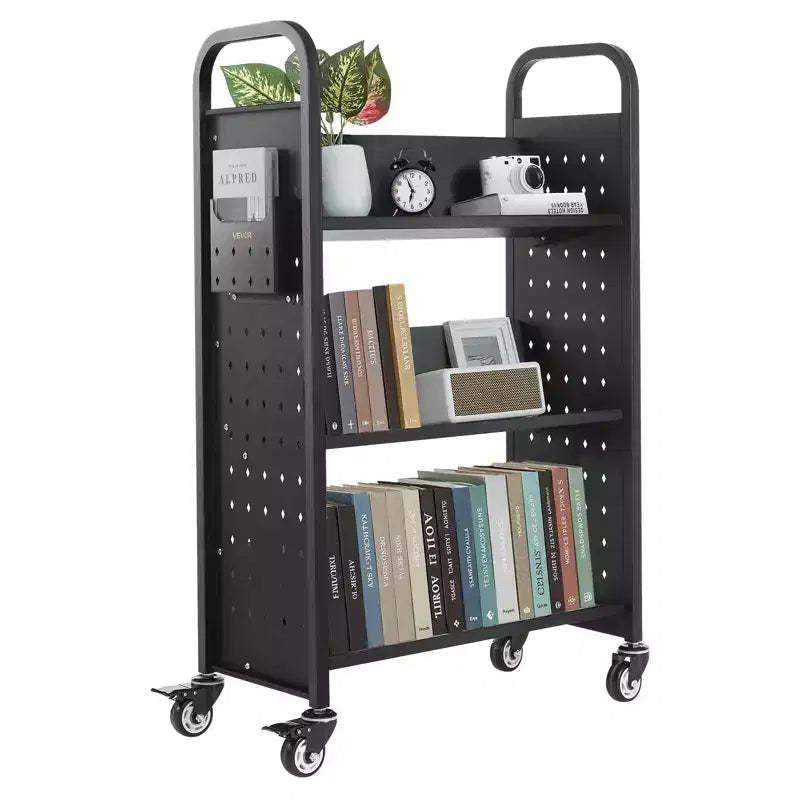 Rolling Library Book Cart with V-Shaped 3-Tier Shelves, 330 lbs Capacity & Lockable Wheels