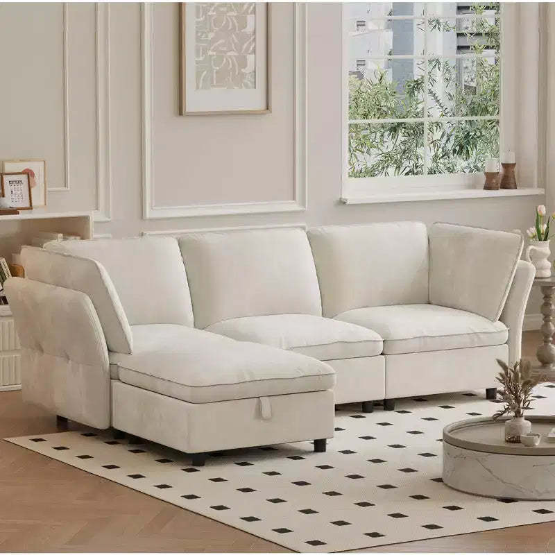 Sofa, Modular Single Seat with Storage Ottoman  Velvet Cloud Armless Chair + Movable Ottoman/Pillows for Living Room Cream Beige
