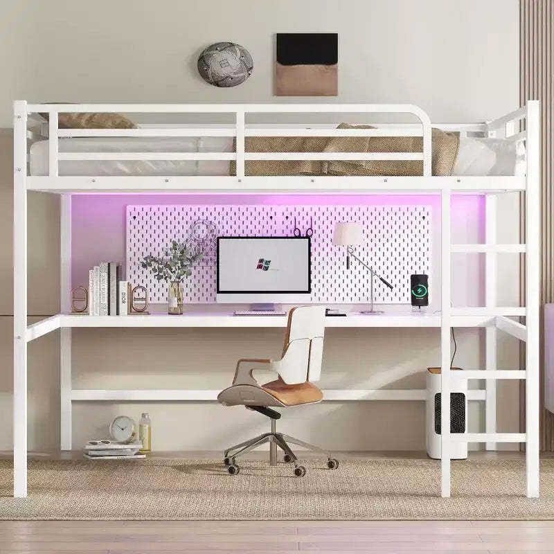Bellemave Metal Queen Size Loft Bed with Power Outlet and LED Lighted, Space-Saving, Noise Reduced, White