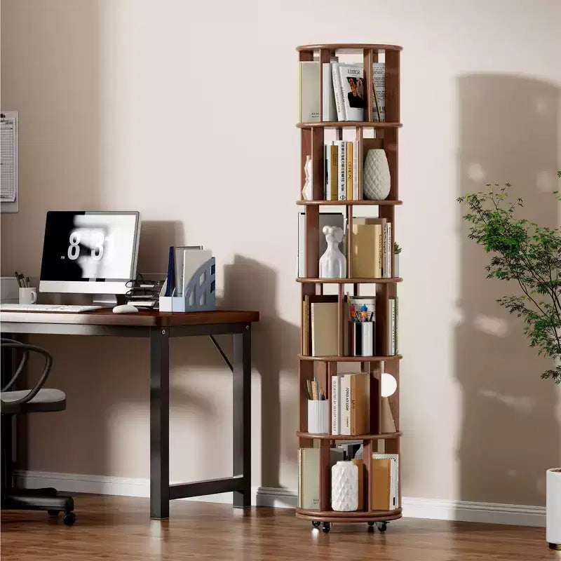 Wood Rotating Bookshelf 6 Tier 360 Spinning Book Shelf Tower for Kids, Narrow Rolling Bookshelves for Small Space, Corner, Bedroom, Office, Walnut