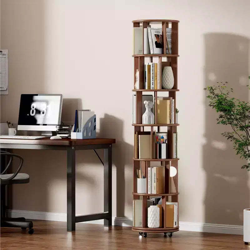 Wood Rotating Bookshelf 6 Tier 360 Spinning Book Shelf Tower for Kids, Narrow Rolling Bookshelves for Small Space, Corner, Bedroom, Office, Walnut
