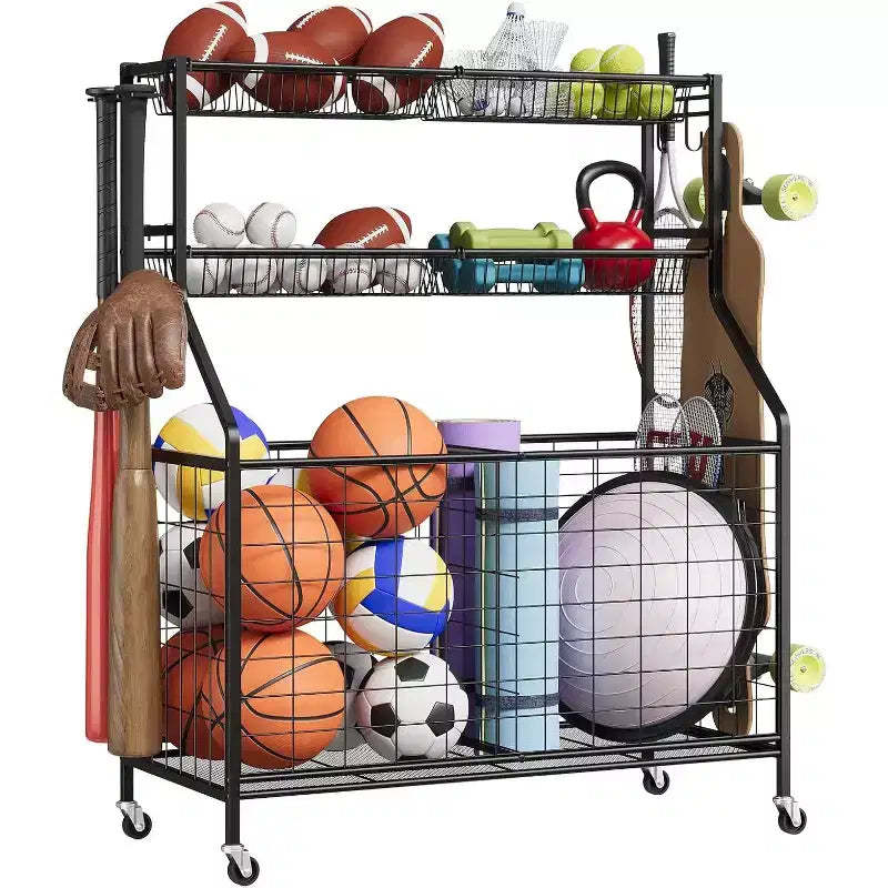 Sports Equipment Organizer,Large Capacity Garage Sports Toy Organizer with Hooks and Baskets,Rolling Ball Cart with Wheels for Toy and Gear Organizer