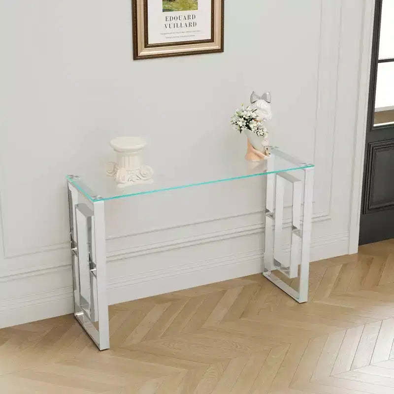 MAYEERTY Modern Console Table, Transparent Glass Table with Stainless Steel Legs for Living Room Office Silver