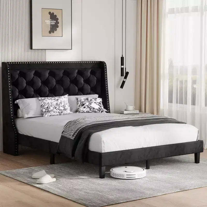 Celebalcony Bed Frame with Wingback Headboard, Queen Size Bed Frame with Tufted and Velvet Fabric, Wood Slats Support, No Box Spring Needed, Black