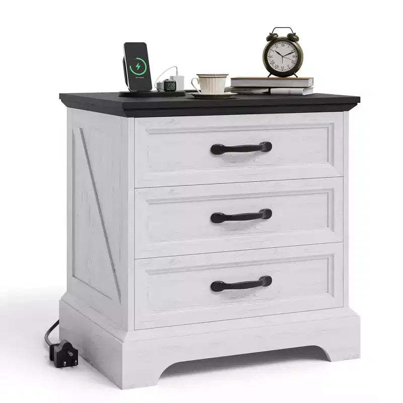 Acekool Modern Farmhouse Nightstand with Charging Station, 3-Drawer Rustic End Table for Bedroom and Living Room