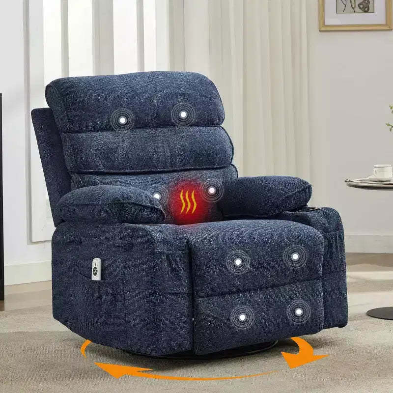 Adult 360 Rotating 8-point Vibration Massage Rocking Chair, Waist Heating, with Side Pockets, Cup Holder, Soft Cushion, Backrest and Footstool